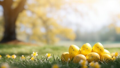 easter themed vibrant spring scene with lush green grass and white or yellow background - Powered by Adobe