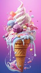 Multi-colored ice cream cone with many flavors on a pink-lilac background