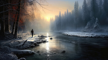 fisherman on the river on an early winter frosty morning - obrazy, fototapety, plakaty