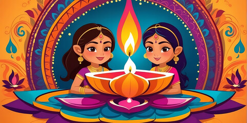 Diwali Celebration illustration with beautiful woman holding glowing candle, shubh deepavali.