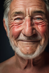 Obraz premium Close-up portrait of an elderly smiling man with a wrinkled face and short beard.