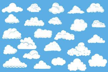 White cloud shape on blue sky set, different clouds icon Collection set, Blue clouds set