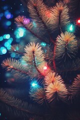 Close-up of pine branches illuminated by colorful, twinkling christmas lights, creating a magic holiday mood