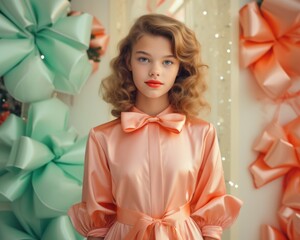 Retro-inspired portrait of a young lady with holiday decor, exuding vintage charm and elegance
