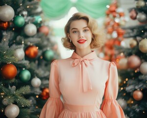 Glamorous woman in a stylish dress posing before a lavishly decorated christmas tree