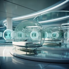 Obraz premium Cutting-edge medical facility with futuristic pods and ambient lighting for advanced patient care