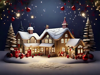 Fototapeta na wymiar christmas house with christmas tree,winter snow,house,tree,landscape,holiday,night,xmas,card,vector,illustration,Ai generated 