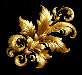 Gold metal decorative leaves isolated on black background, beautiful floral golden ornaments.