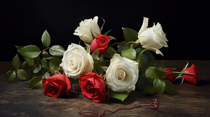 Bouquet of red and white roses on a dark background: natural splendor in full bloom.