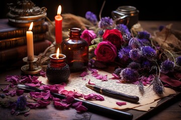 Antique writing instruments, candlelight and roses on a dark rustic wooden table