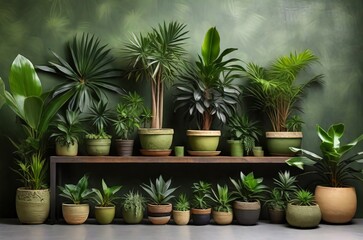 Fototapeta na wymiar Rows of Succulents, Palm Leaves, and Lush Greenery for a Tranquil Home Environment. Generative AI.