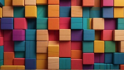 Wide Format Capture of Colorful Wooden Blocks Aligned to Create a Multicolored Wall Masterpiece. 