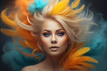Fototapeta premium A Vision of Imagination Expansion: Woman with Colorful Smoke Cascading from Her Hair. 