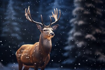 Christmas deer with fairy and Christmas lights on his horns stands in the snow backgroung, Christmas and New Year concept with Copy space.
