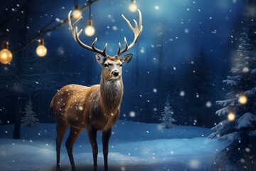 Christmas deer with fairy and Christmas lights on his horns stands in the snow backgroung, Christmas and New Year concept with Copy space.
