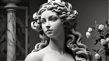 Foto op Canvas Gypsum ancient statue of Venus de Milo in pastel tone on pastel background. Plaster sculpture of a woman's face. Love, beauty, feminism. Y2K Modern Art Style. © Cobe