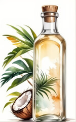 Coconut oil in a glass bottle. The product is made from coconut. Made in watercolor style. White background. AI