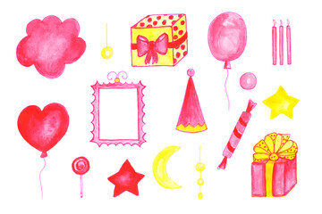Watercolor set of holiday elements. Birthday, balloons, clouds. Watercolor drawing of gifts. Yellow and pink watercolors.