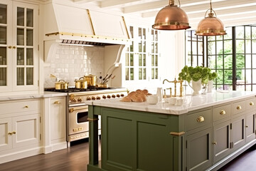 Kitchen decor, interior design and house improvement, bespoke sage green English in frame kitchen cabinets, countertop and appliance in a country house, elegant cottage style