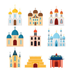 Set of religious building sflat design. Vector different religious temples catholicism, islamism, judaism, orthodox, hinduism and buddhism