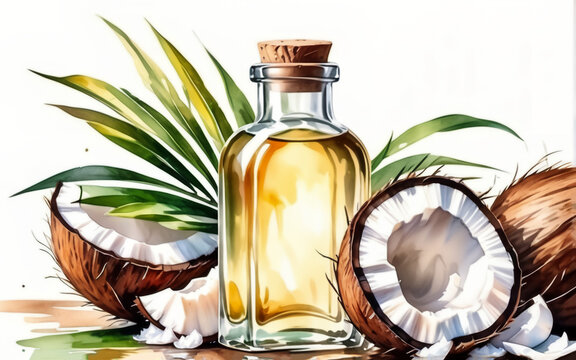 Coconut oil in a glass bottle. The product is made from coconut. Made in watercolor style. White background. AI