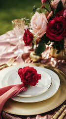 Elegant tablescape, formal dinner table setting with red roses and wine, elegant table decor for wedding, dinner party and holiday event decoration, home styling