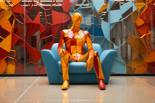 Dummy mannequins and other colored shapes in a dark color background Generated AI