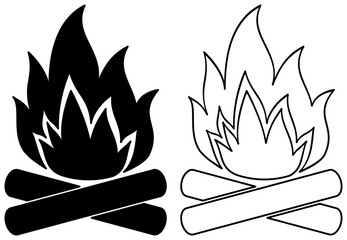 Bonfire icon silhouette and outline set. Bonfire illustration.