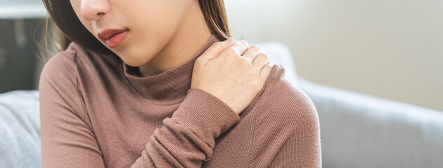 Pain body muscles stiff problem, suffer asian young woman, girl face painful, hand holding neck...