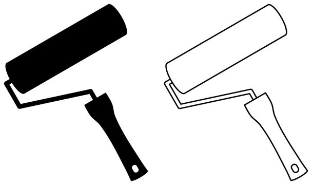 Paint roller silhouette and outline icon. Tool illustration.