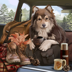 Finnish Lapphund travels in a car. Watercolor drawing - 676789817