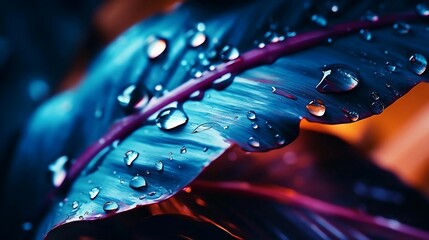 Fototapeta na wymiar water drops on a blue leaf closeup. wallpaper background illustration.