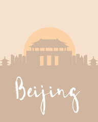City poster of Beijing with building silhouettes at sunset