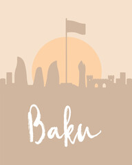 City poster of Baku with building silhouettes at sunset