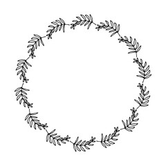 Circle herbal draw, black and white vector illustration. Hand drawn wreath leaves. Border round.