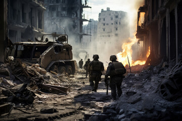 military in a destroyed city, armed conflict, attack, fighting