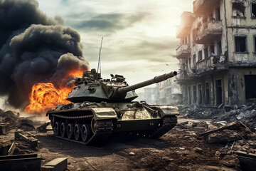 military tanks in a destroyed city, armed conflict, seizure of territories - obrazy, fototapety, plakaty