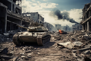 war, fighting, tanks in the city, armed conflict with explosions and shooting