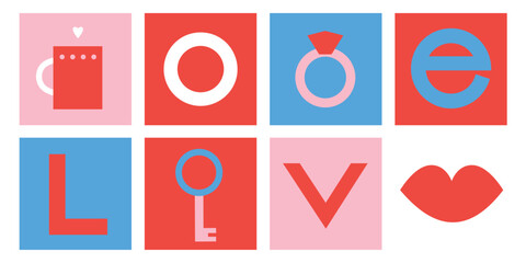 Happy Valentine Day Scandinavian art set. Flat geometric style symbols couple in love. Key, lock, lips, gender symbols, wedding ring. Minimalism. Vintage. Art romantic print	
