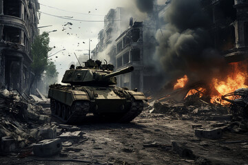 military tanks in a destroyed city, armed conflict, seizure of territories - obrazy, fototapety, plakaty