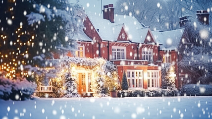 Fototapeta na wymiar Christmas in the countryside manor, English country house mansion decorated for holidays on a snowy winter evening with snow and holiday lights, Merry Christmas and Happy Holidays