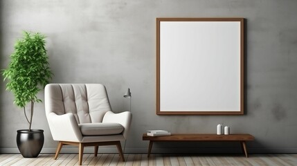AI-generated illustration of a modern living room interior featuring an empty frame on the wall