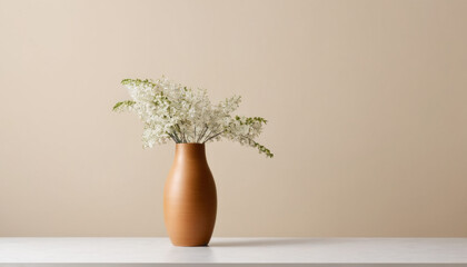 A vase with flowers on a table with a beige background