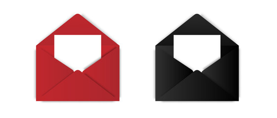 Black and red envelopes with a letter inside. Mockup of an open letter with a white paper document inside. Vector illustration. - obrazy, fototapety, plakaty