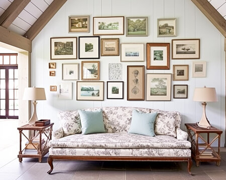 Cottage gallery wall, wall art, home decor and framed art in the English country house interior with antique furniture, room for diy printable artwork mockup and print shop