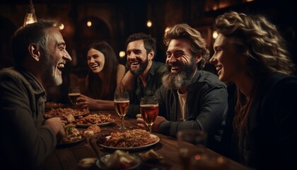 Friends enjoying happy hour at brewery pub   closeup of beer glasses   food and beverage celebration