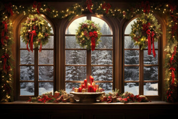 Fototapeta na wymiar Large wooden window with Christmas decoration and window sill with decor and candles, overlooking a snowy forest
