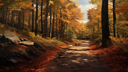 Fototapeta premium A path in a beautiful forest with warm autumn sunlight