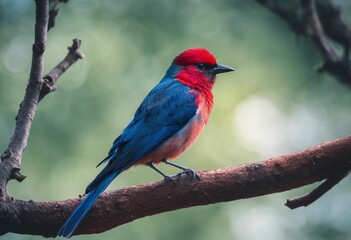 Fototapeta premium An AI illustration of a small bird with red, blue and green feathers sits on a branch