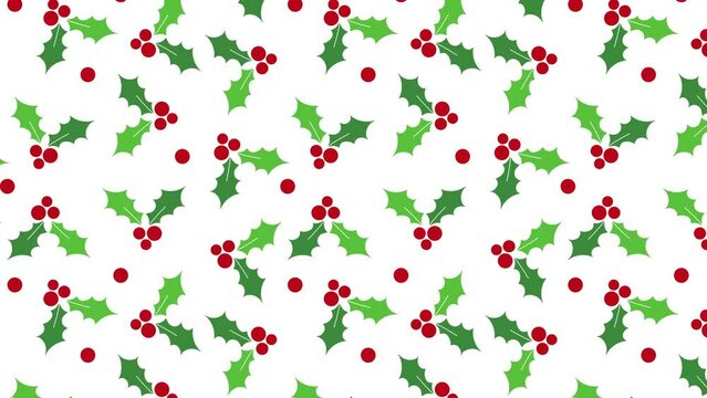 4k animated holly berries and snowflakes texture wallpaper. Flat style cute holiday motion pattern. New year and Christmas banner template vertical and horizontal pattern design. Fruits texture.